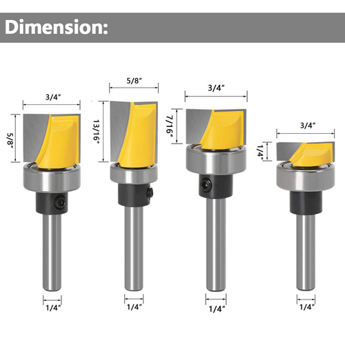 4Pcs 1/4 Inch Shank Hinge Mortising Flush Trim Template Router Bit Set with Ball - Picture 3 of 12