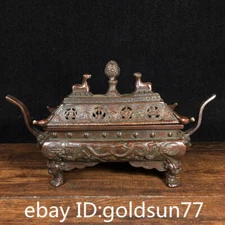 8.6”Old Chinese antiques Pure copper exquisite quadruped binaural incense burner