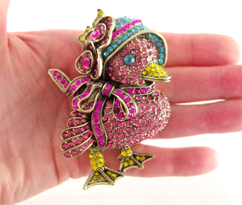 Broche gorro de pascua más grande de 3" nuevo sin etiquetas estilo diseñador cristal estrás pollito pato - Imagen 6 de 15