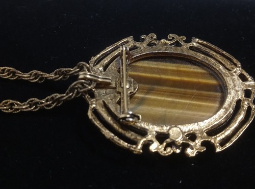 Vintage Antiqued Gold Tone Tiger's Eye Pendant Brooch Rope Chain 24" Victorian - Picture 11 of 12
