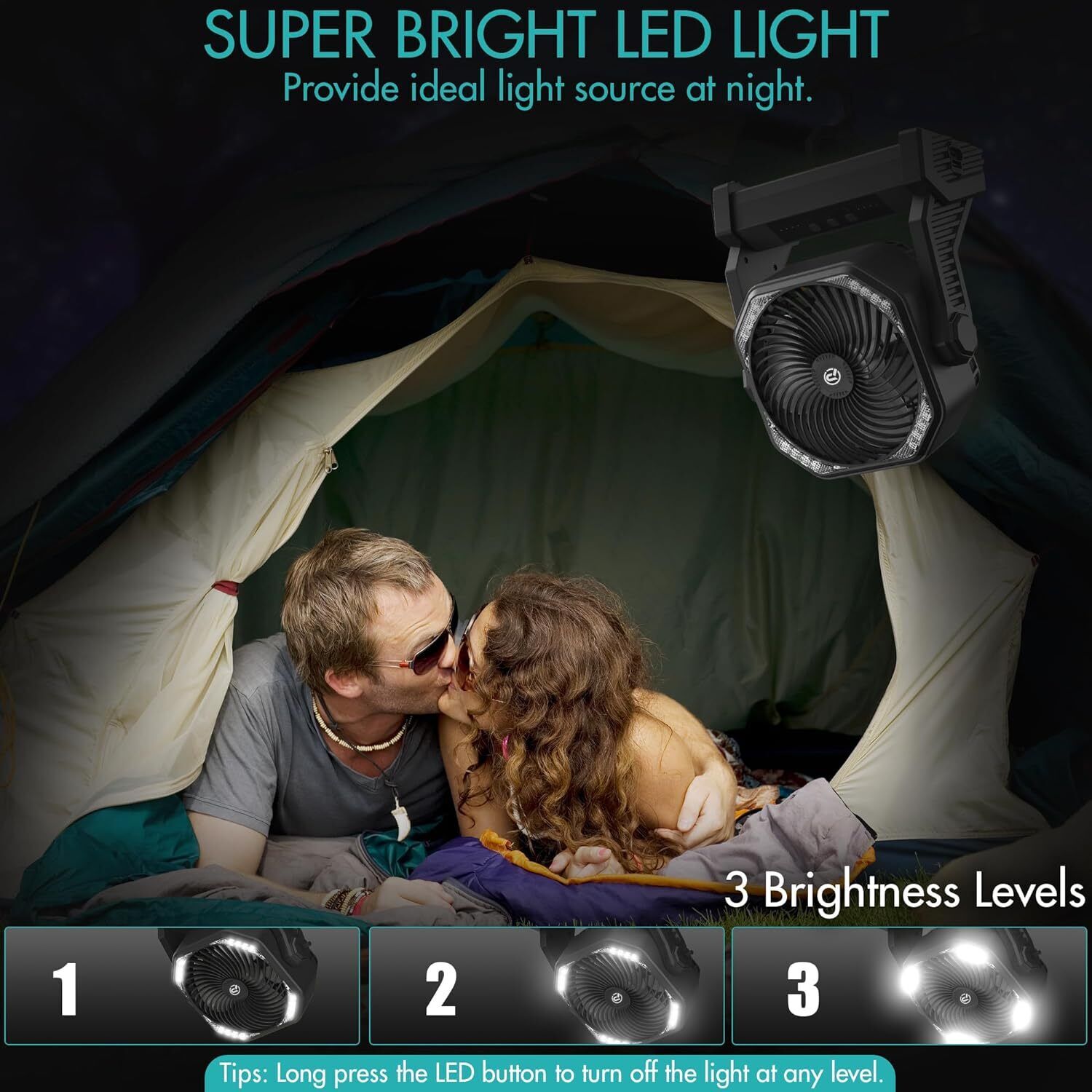 Camping Ventilator Laterne Haken USB - 3 oder 4 Geschwindigkeiten Lampe (1V)