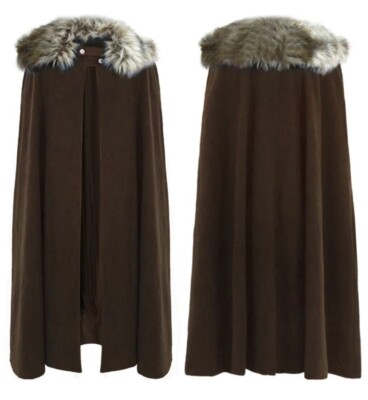 Men Medieval Renaissance Pirate Coat Cloak Viking Fur Collar Cape