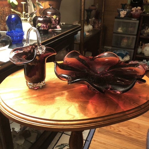 Murano Style Amethyst Purple Art Glass Centerpiece Bowl & Basket - Picture 16 of 16