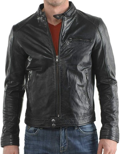NEW Men's Black Leather Jacket Snap 