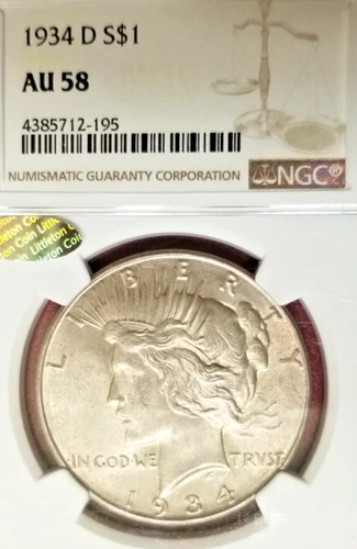 NGC AU-58 LITTLETON SELECT! 1934-D PEACE DOLLAR