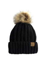 C. C Black Thick Cable Knit Faux Fuzzy Fur Pom Fleece Lined Beanie Hat One Size