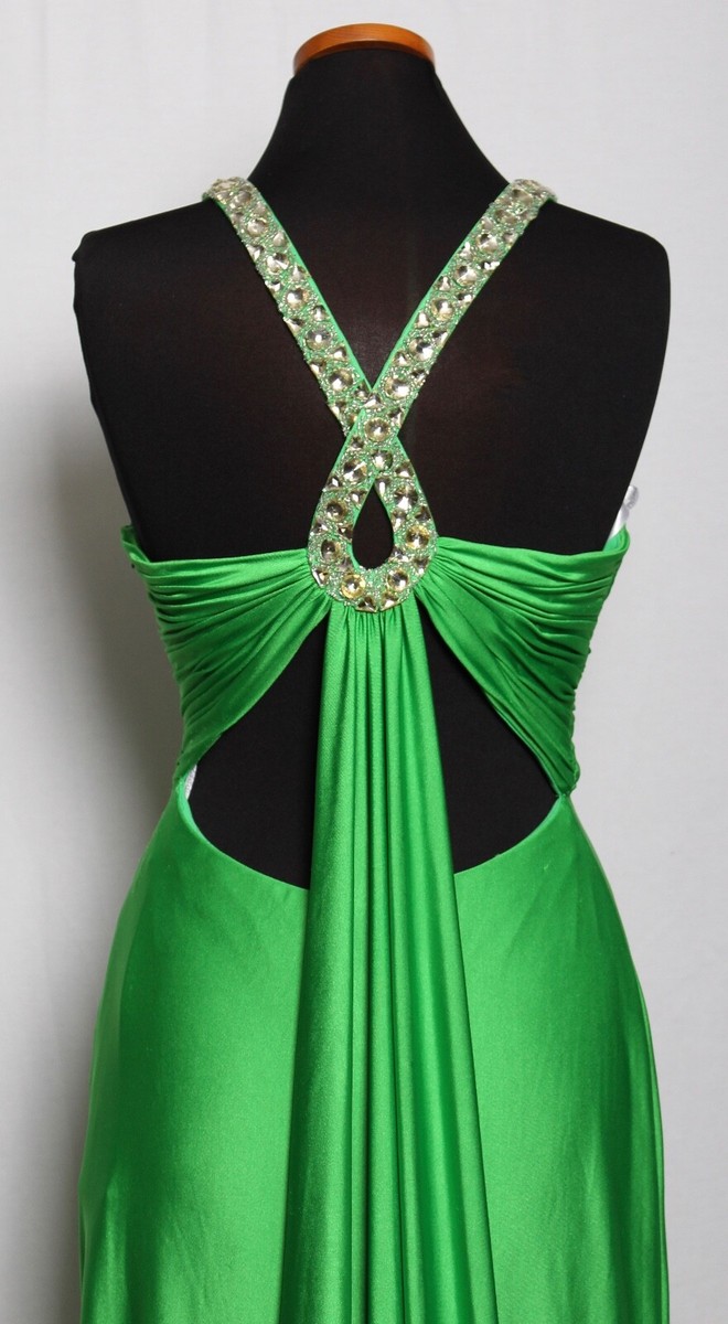 PRECIOUS FORMALS KELLY GREEN SILVER BEADED GEMS TRAIN PROM FORMAL GOWN DRESS  8 | eBay