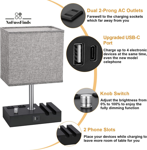 Fully Dimmable Nightstand Lamp for Bedroom with USB C Ports, Grey Small Bedside - 第 5/12 張圖片