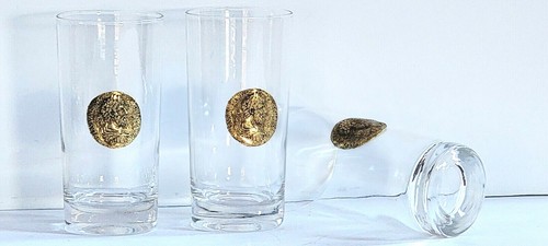 Vintage High Ball Glass with Raised Antique Gold Finish Medallion Coin Lot of 3 - 第 5/11 張圖片