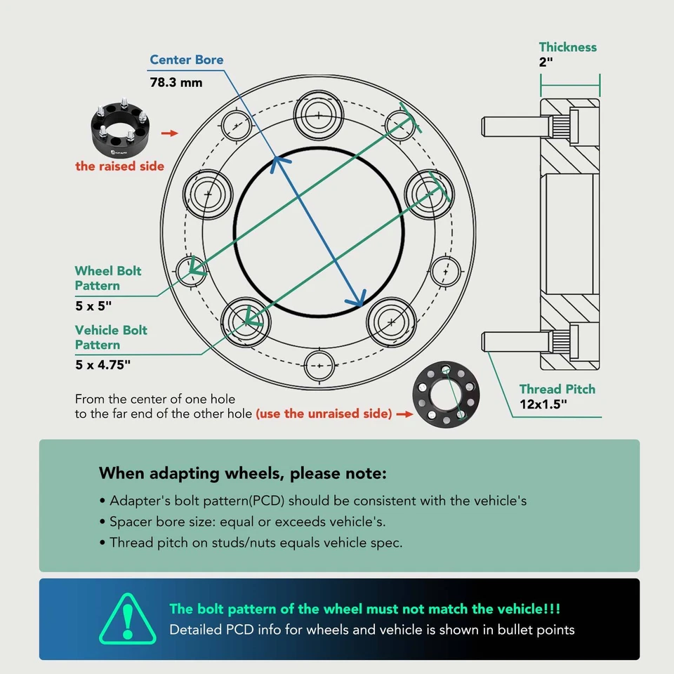 2 adaptadores de rueda de 5x5" a 5x4,75" 12x1,5 78,3 mm 2" para Chevy Buick Dodge Ram Foto 3 de 4