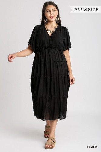 Umgee Women's Smocked Short Sleeve V-Neck Dress Tiered Maxi Blouson - Picture 2 of 9