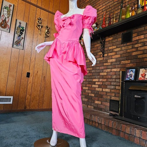 Vintage 80s Bubblegum Pink Avant Garde Peplum Bubble Slv Bows Prom Dress Gown M - Picture 3 of 10