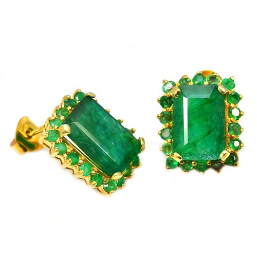 925 STERLING SILVER GREEN EMERALD NATURAL GEMSTONE & EMERALD ROUND STUD EARRING - Picture 6 of 8