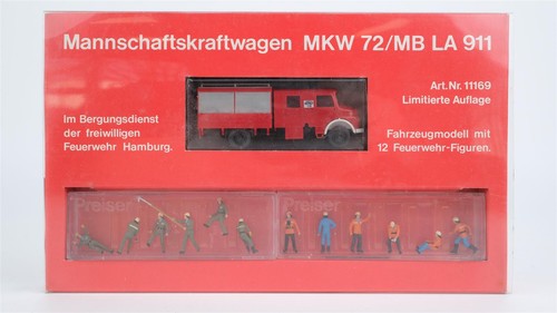 Preiser H0 11169 MKW 72/MB LA 911 coche de tripulación con figuras de bomberos | Zustand: Gebraucht