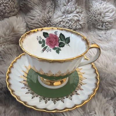 Vintage Teacup and Saucer - Royal Adderley Bone China - 1930s Green Gold - Pings