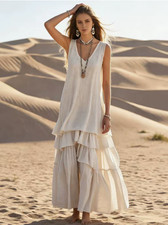 Womens Sleeveless Maxi Dress Casual Flowy Tiered Ruffle Cotton Linen Long Dress