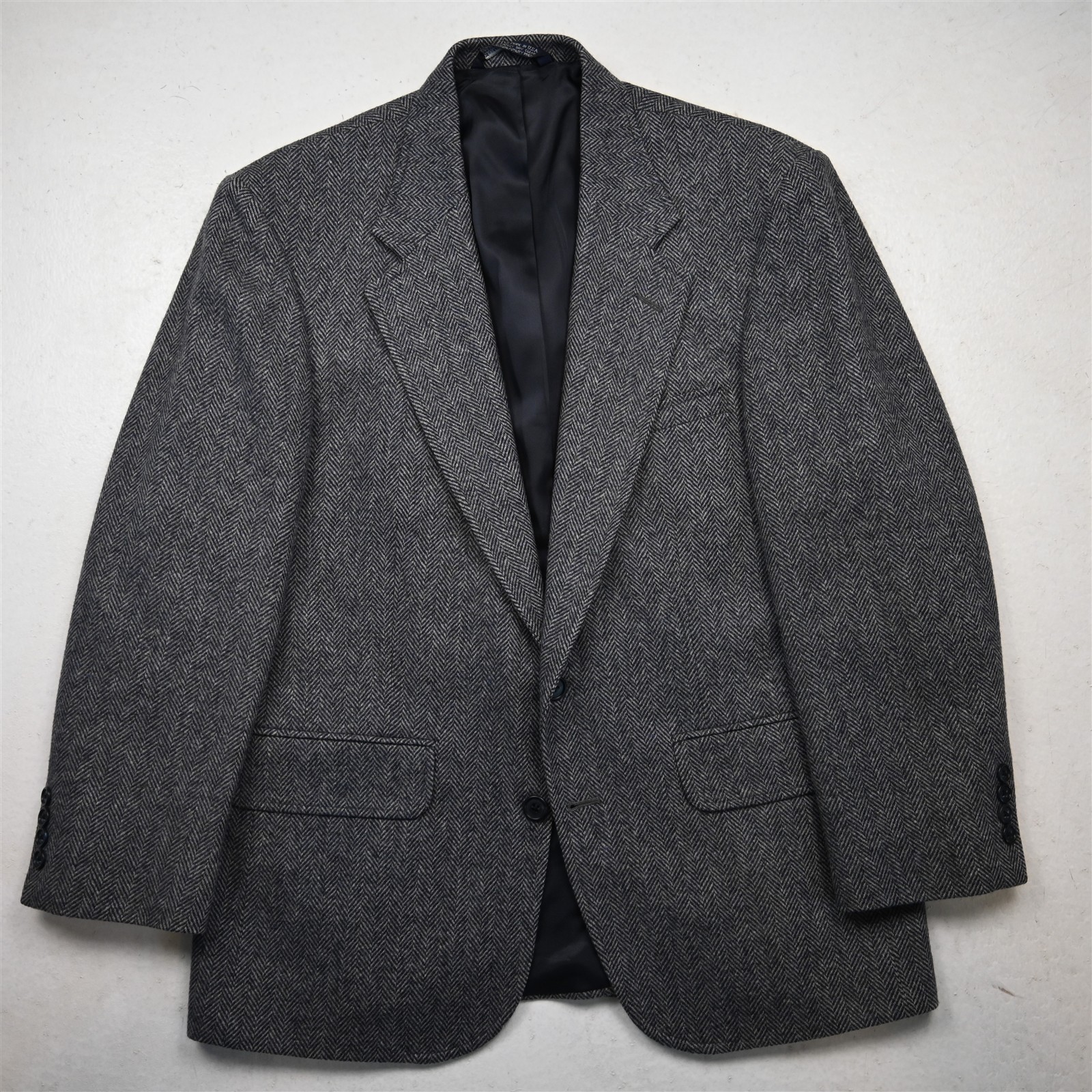 Lands End 40S Blue Herringbone Wool Tweed USA Mens Blazer Jacket Sport Coat
