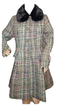 NWT Modcloth Sz. L Multi Colored Tweed Flare Coat Removable Faux Fur Collar