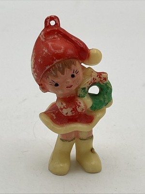 Elf Pixie Girl 60's Christmas Figurine Miniature Hand Painted Celluloid Ornament