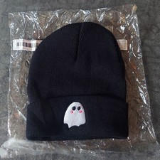 Cute Ghost Cuffed Beanie Hat Black