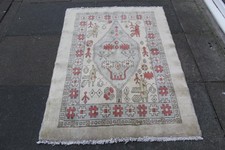 Vintage Handgeknüpfter Traditioneller Orientteppich Wollweiß Klein 145x106cm