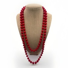 Vintage Cherry Red Acrylic Beaded Necklace 24  Long Round Beads Boho Classic