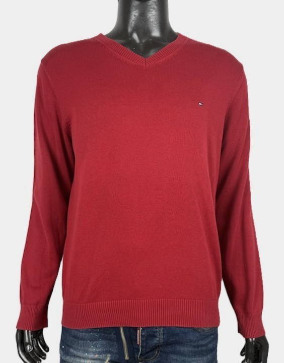 Tommy Hilfiger Premium Cotton Maglione Uomo L Rosso Scollo V Logo Pullover