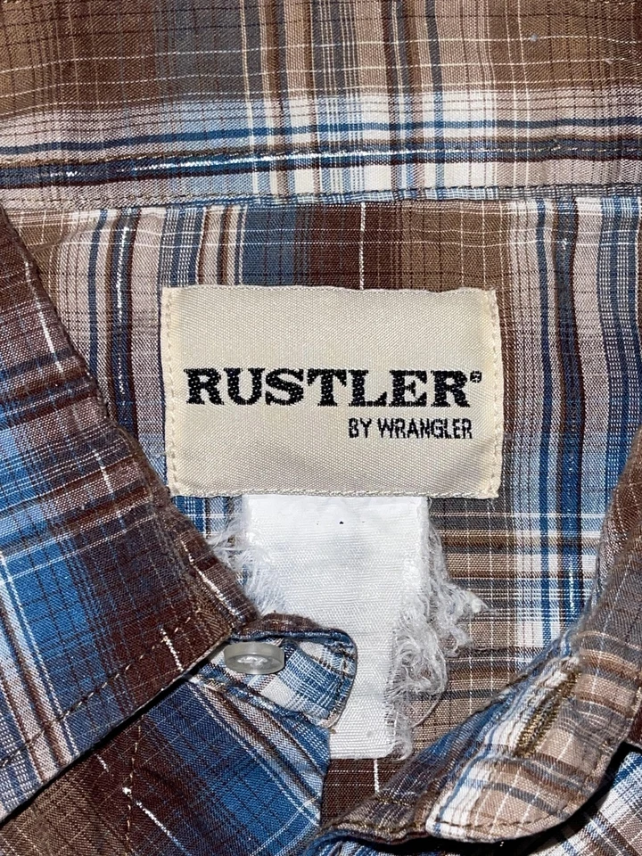 Camisa Rustler Para Hombres Grande Marrón Azul Cuadros Perla Occidental A Presión Manga Corta Vaquero Foto 3 de 4
