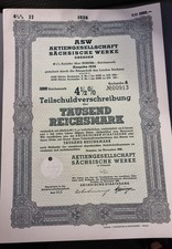 ASW AG S&auml;chsische Werke Dresden 4 1/2% Teilschudverschreib 1938 1.000 RM  ( 47 )