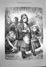 Original Old Antique Print 1873 Gathering Willows Palm Sunday Children Flowers