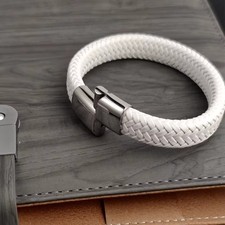 Mens Leather Bracelet Braided Surfer Wristband Stainless Steel Magnetic Clasp UK