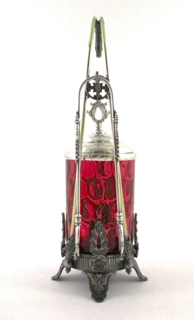 James W. TUFTS #3614 - Antique PICKLE CASTOR w/HOOK - hp CRANBERRY Enamel JAR