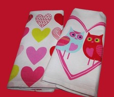 Set 2 Valentine kitchen towels; Love white pink aqua yellow; 25x16; cotton