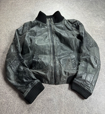Vintage Genuine Leather Bomber Jacket Distressed Washed Ribbed Moto Y2K Grunge