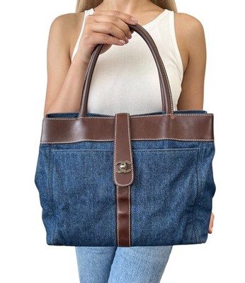 とと　シャネルバッグ CHANEL Vintage CC Logo Denim Turnlock Tote Shoulder Bag Blue Brown