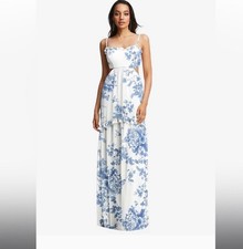 Elegant women's dress featuring a beautiful blue floral pattern on a white backg