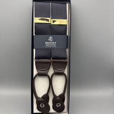 Brooks Brothers Solid Navy Blue Y Back Suspenders Dark Brown Leather Tabs