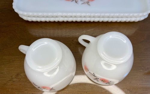 Vintage Anchor Hocking Snack Set Pink FLEURETTE Fire King Tray &Tea Cup Set Of 2 - Picture 18 of 24