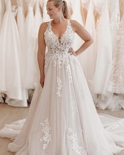 Glitter Leaf Lace Wedding Dress Bridal Gown 32-60 Plus Size Strappy Ivory Skin