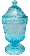 Vintage L.G. Wright Glass Covered Candy Jar Set Wildflower Pattern Blue