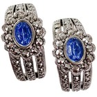 Signed Avon Art Deco Revival Marcasite Silver Tone Blue Earrings