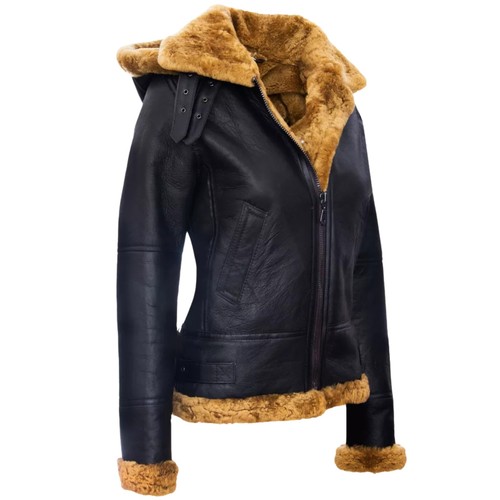 Womens Sheepskin Hooded B3 Flying Leather Jacket RAF Aviator Pilot Brown Ginger - Picture 3 of 6