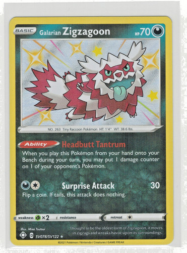 Galarian Zigzagoon SV078/SV122 Rare Shiny Shining Fates Shiny Vault Pokemon NM