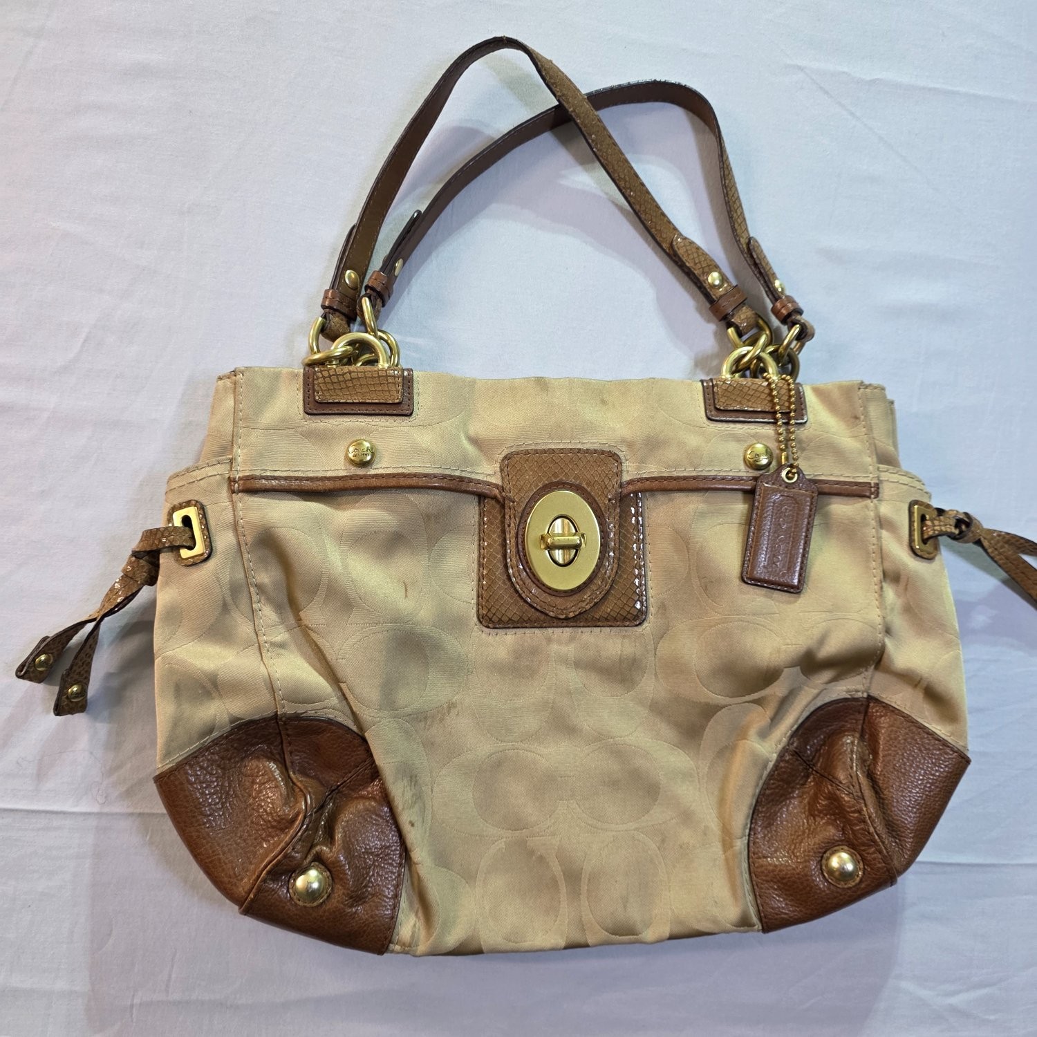 Coach 14528 Women's Shoulder Bag Medium Khaki Snakeskin Embossed Trim