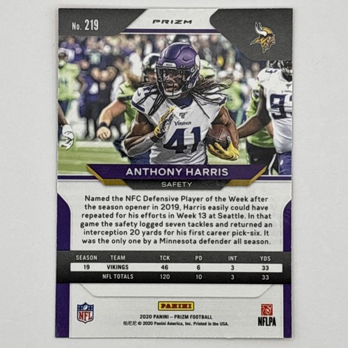 ANTHONY HARRIS 2020 Panini Prizm PRIZMS ORANGE DISCO #219 Vikings - Picture 2 of 2