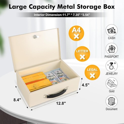 KYODOLED Fireproof Document Box with Key Lock, Small Safe Medium, Beige - Picture 2 of 7