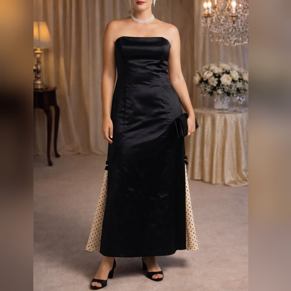 Scott McClintock Vintage 80s 90s Black Satin Polka Dot Party Prom Dress  size 16