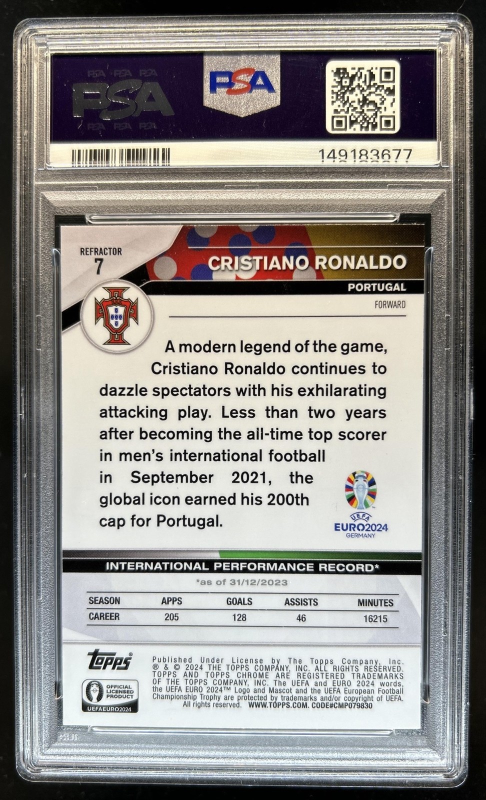 2023-24 Topps Chrome UEFA Euro Cristiano Ronaldo Refractor #7 Portugal PSA 10 view 2