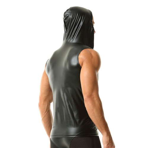 Sexy Camiseta sin mangas con capucha de aspecto húmedo de cuero sintético para hombre Prendas para club nocturno - Imagen 10 de 19