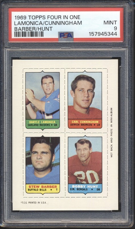 1969 Topps Four In One Football Lamonica / Cunningham /Barber/ Hunt PSA 9 POP 19